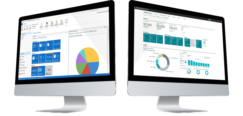 Dynamics NAV dashboard on monitor next to Business Central dashboard monitor