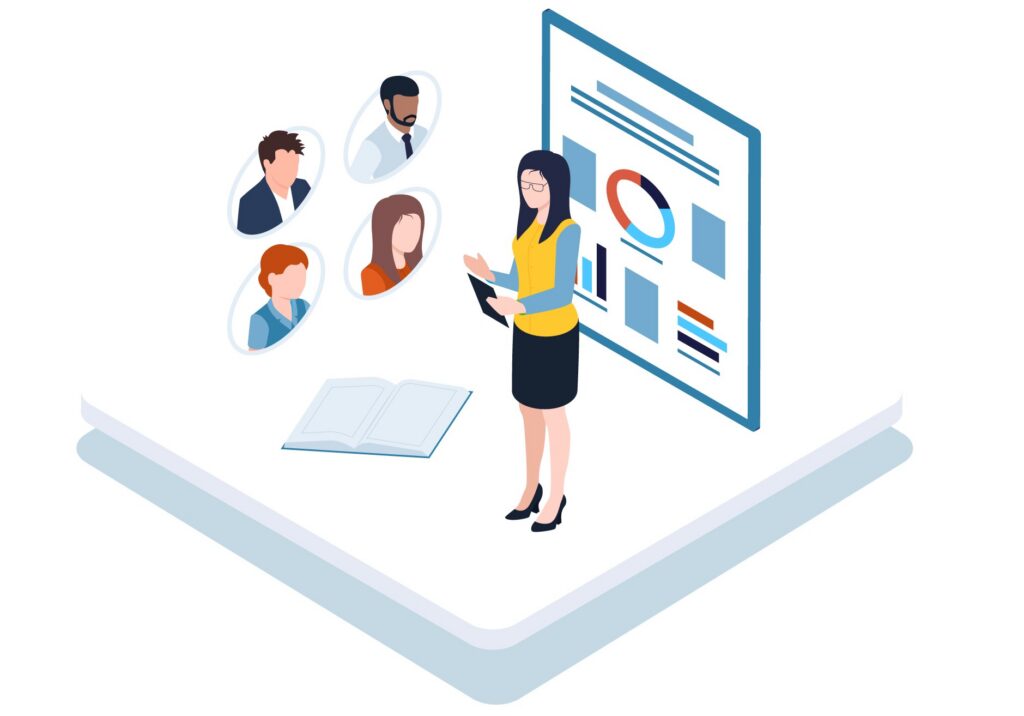 Illustration of group of professionals with reporting