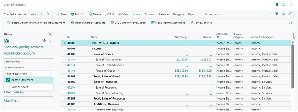 Figure 3: Chart of Accounts in Cronus — Income Statement accounts starting at 40000