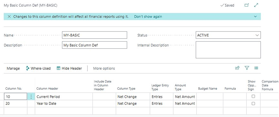 Figure 4: MY-BASIC Column Definition on BC28+, Status set to ACTIVE, two columns configured