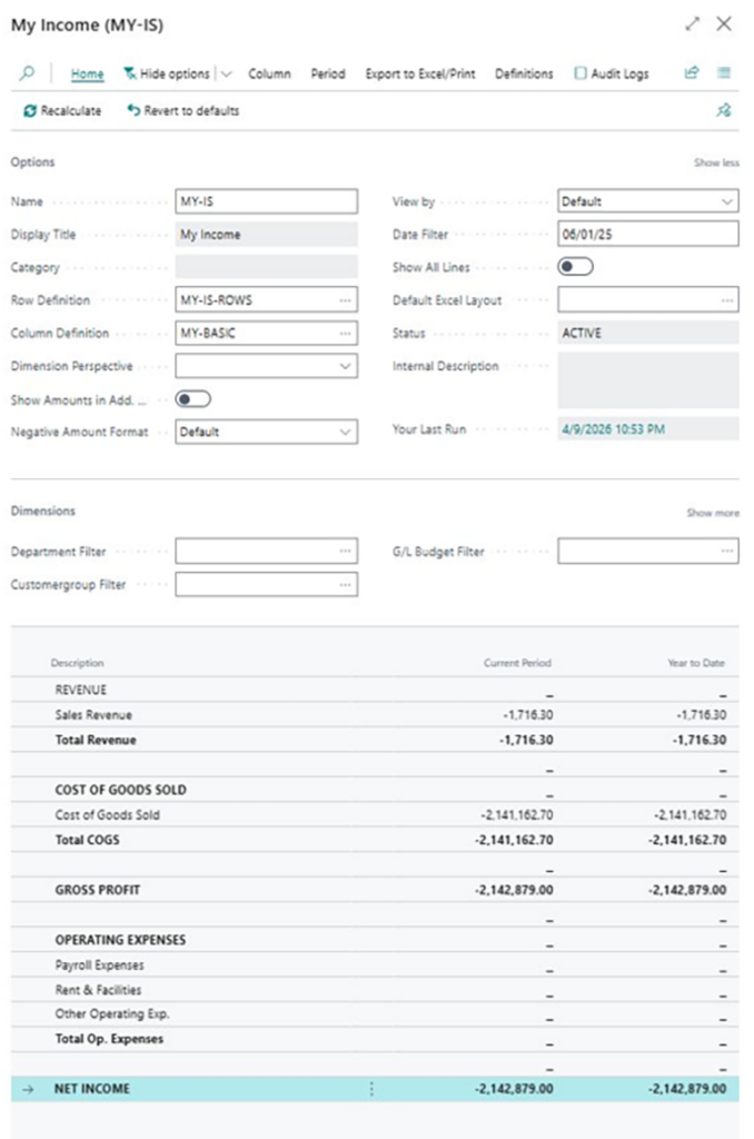Figure 5: MY-IS Financial Report with live Cronus data — Revenue, COGS, and Net Income