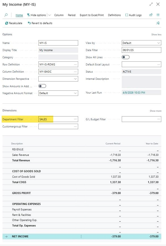 Figure 6: MY-IS filtered by Department = SALES — Net Income -379.00