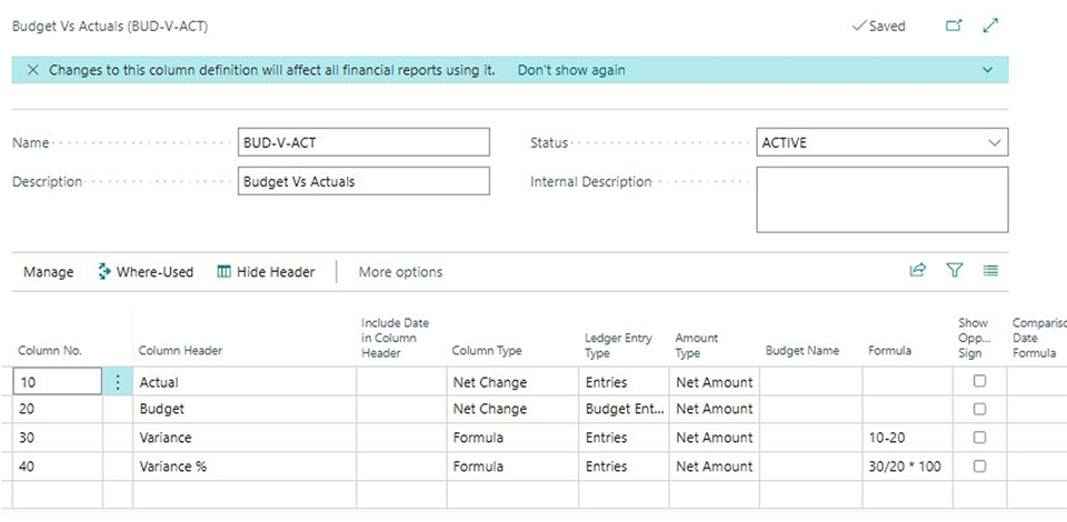 Figure 7: BUD-V-ACT Column Definition — Actual, Budget, Variance, and Variance %