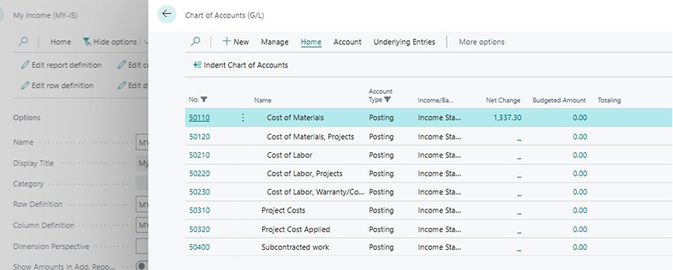 Figure 9: Drill-down from COGS showing Cost of Materials (1,337.30) and other accounts