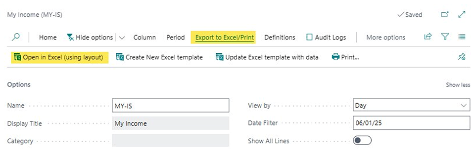 Figure 10: Export to Excel/Print menu with all options