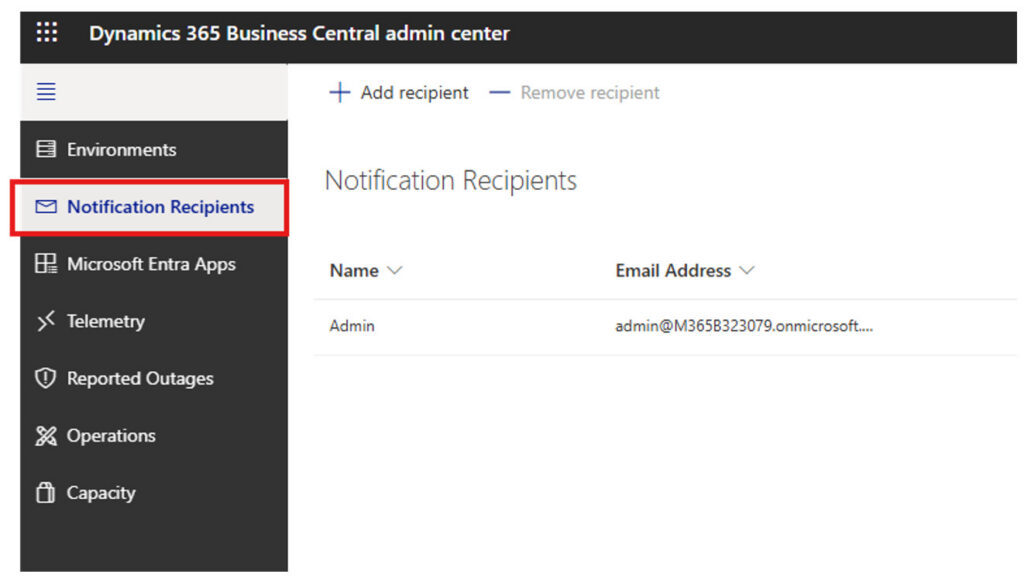 Select Notification Recipients to receive update emails from Microsoft