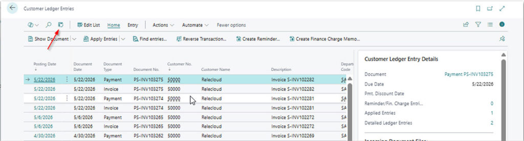 Figure 1: The Analyze button in the action bar of the Customer Ledger Entries page