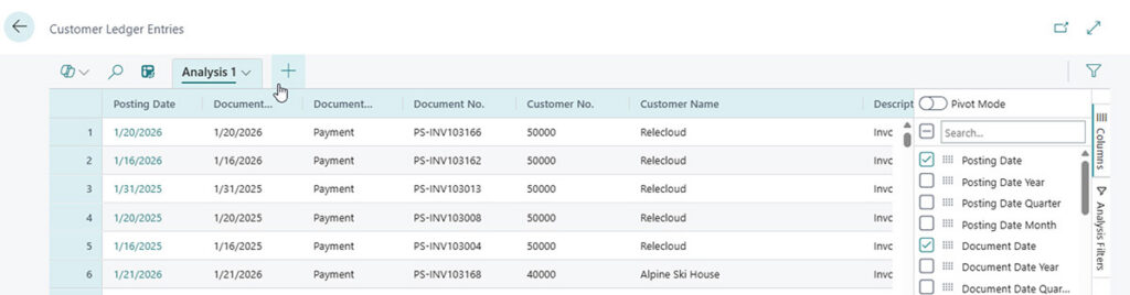 Figure 2: The analysis workspace right after entering Analysis Mode, before Pivot Mode is switched on