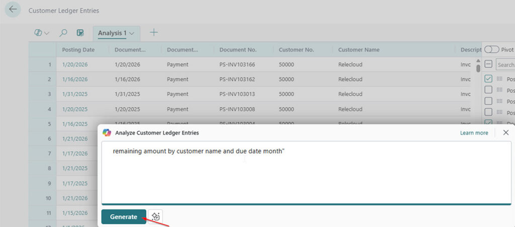 Figure 6: Copilot analysis assist generating an analysis tab from a natural-language prompt