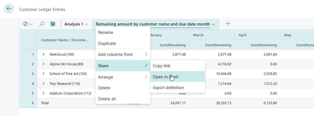 Figure 9: Exporting a finished analysis tab to Excel from the tab menu