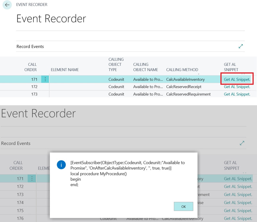 Choose Get AL Snippet – Business Central returns a ready-made subscriber signature to paste into a codeunit in VS Code
