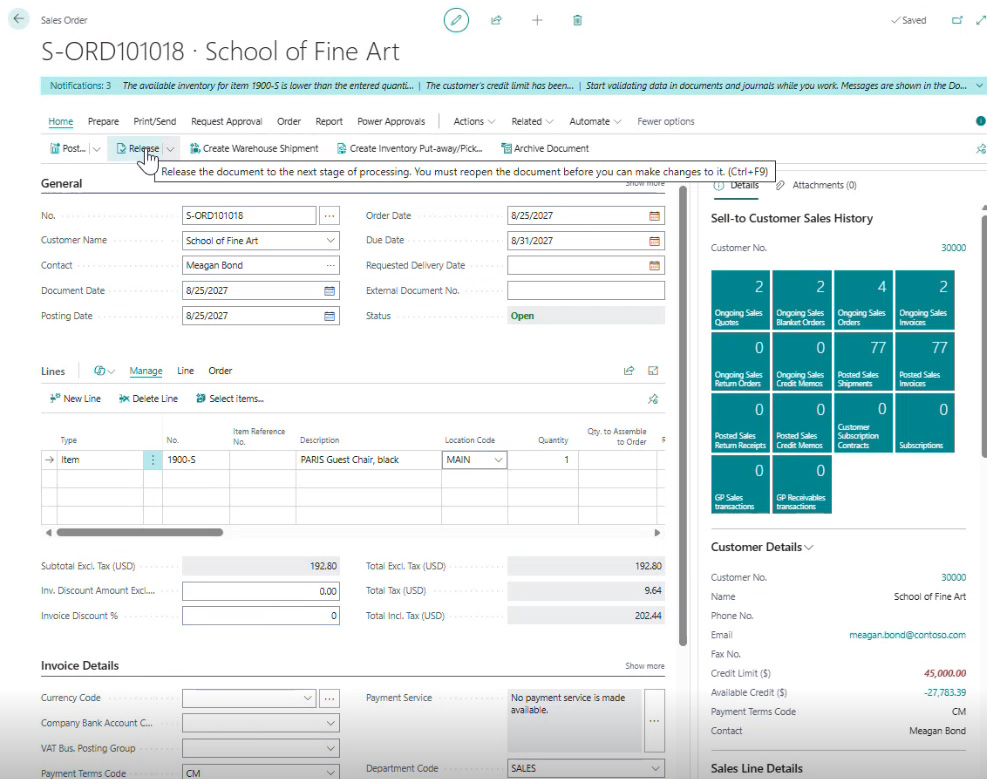 Figure 7 – Populate the new sales order with data and then release it.