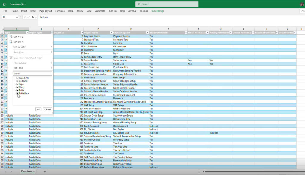 Figure 12 – View the information from the permissions recording in Excel