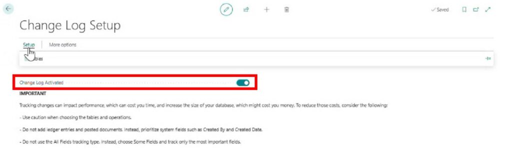 Figure 20 – Activate the Change Log from Change Log Setup.