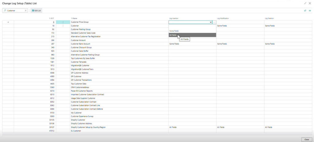 Figure 21 – Selecting the Tables and Fields to monitor with the Change Log. Choosing All Fields will log every change made to that table.