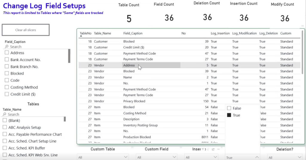 Figure 24 – Use Change Log Setup to track specific tables, fields, and field types for auditing purposes.